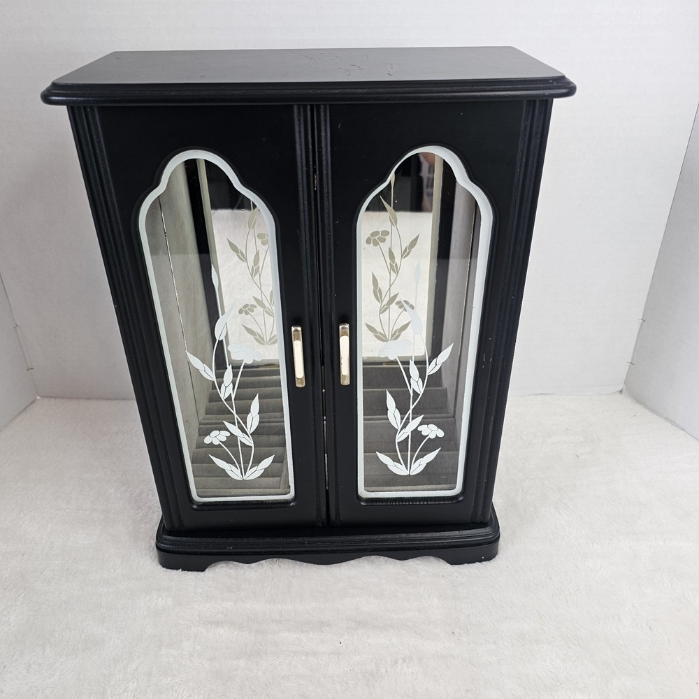 Vintage Black Wood Jewelry Box Cabinet w/ Glass Doors Floral